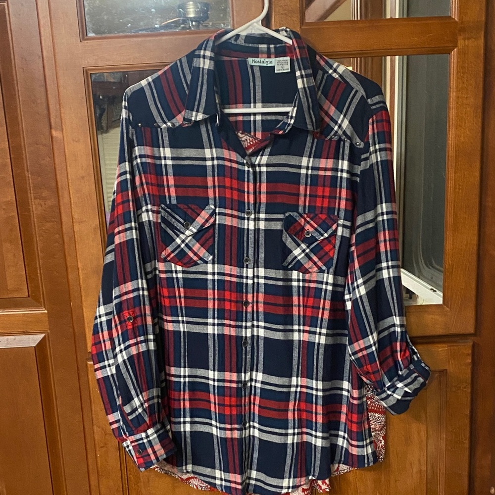Y2K Men's Red and Blue Plaid Casual Large Shirt with Paisley Back Vintage Fall
